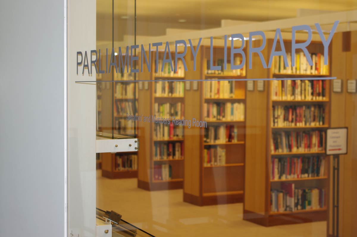 Library window with book shelves